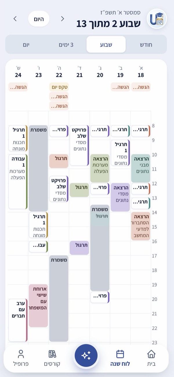 לוח השבוע: שיעורים, משמרות וזמני למידה ביחד